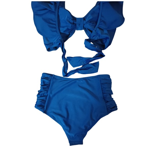 PEDDNEY Royal Blue Ruffle Bow High Waisted Bikini Set Women's Size S - Picture 4 of 6